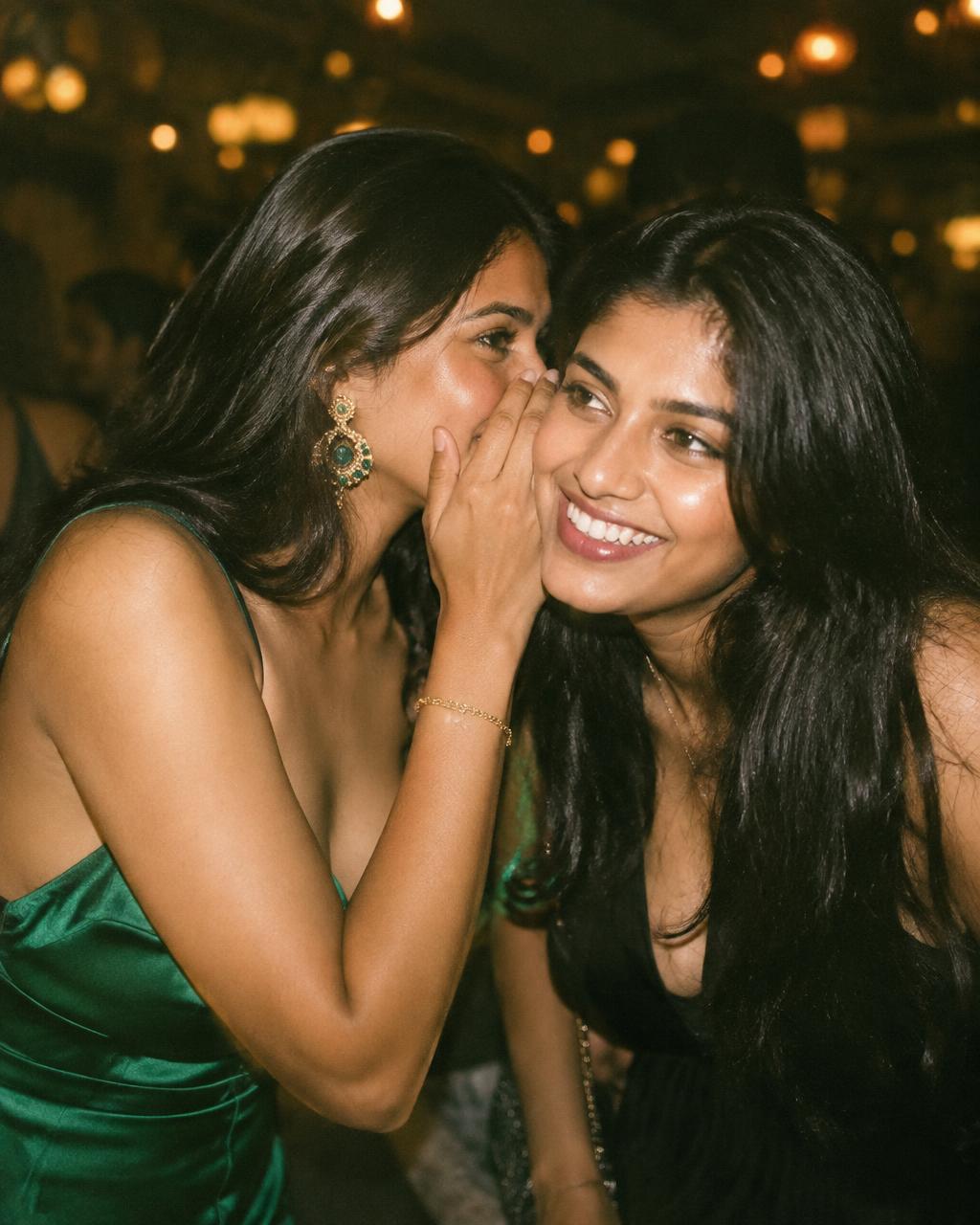 One woman whispering to another, both smiling